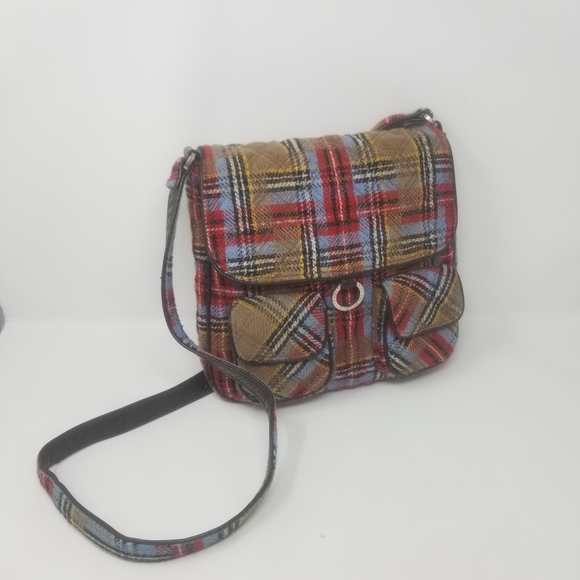 Vera Bradley Highland Patchwork Wool Plaid Crossbody Saddle Bag Purse Handbag